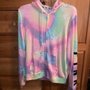 Tie Dye Rainbow Neon Cozy Full Zip Hoodie VS Pink